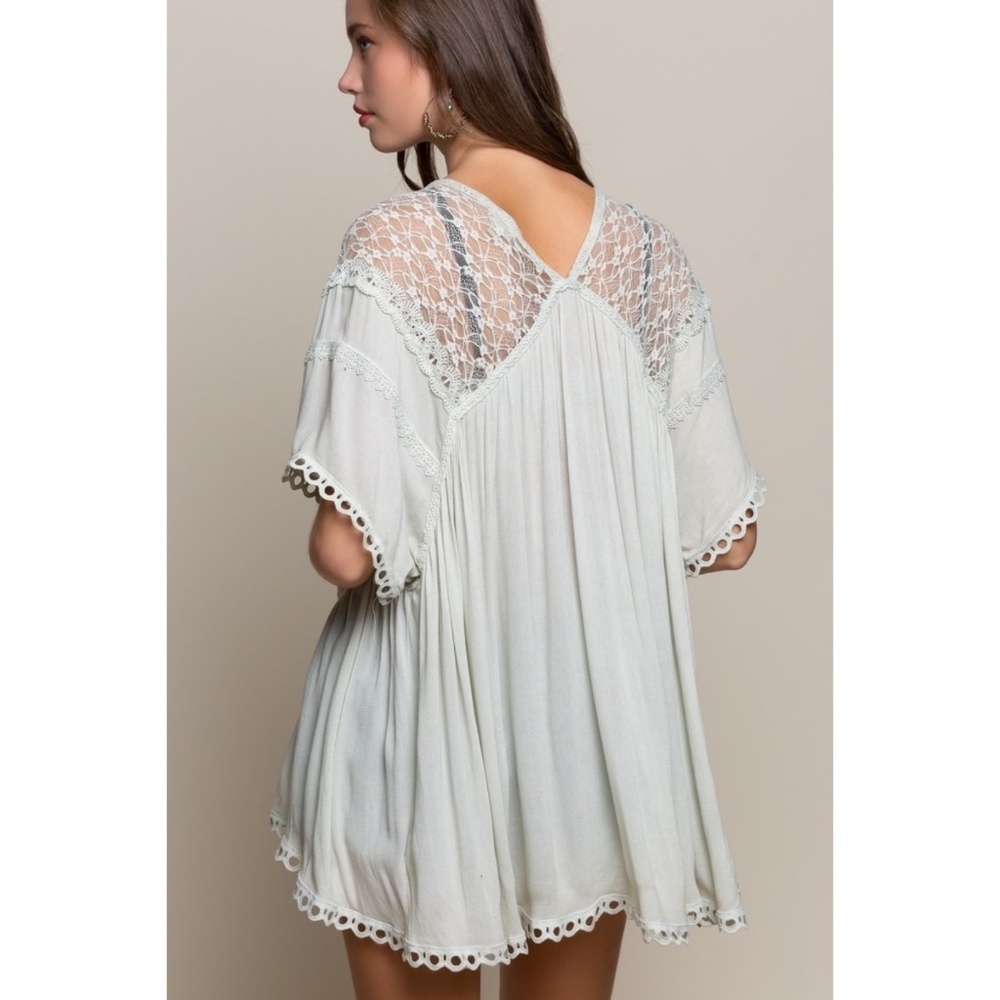 POL Light Sage Tassel Tie Rayon Gauze + Lace Kimono Cardigan - Picture 4 of 6